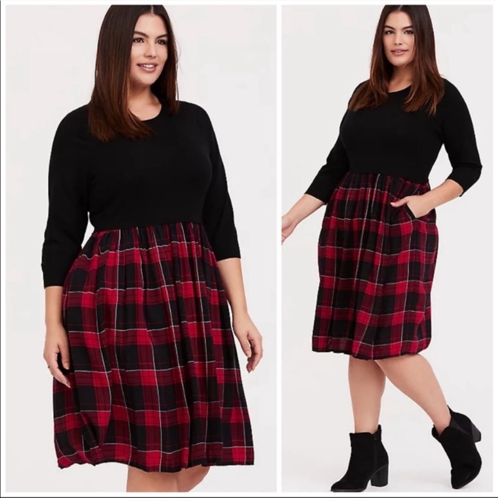 Black and Red plaid knit to woven skater torrid dress.